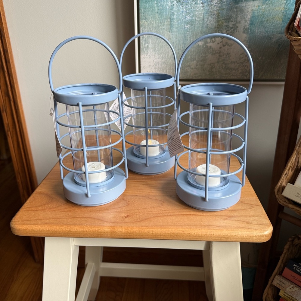 NWT Set of 3 Target Bullseye Playground Nautical Metal Coastal Blue Lanterns